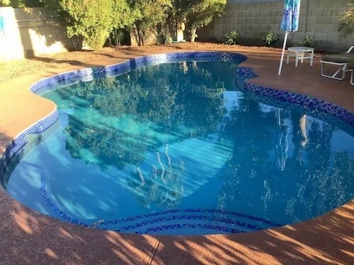 Photo of pool in sunny backyard with blue tile and patio umbrella